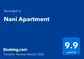 Booking.com Traveller Review Award 2026 — Nani Apartment, 9.9 out of 10